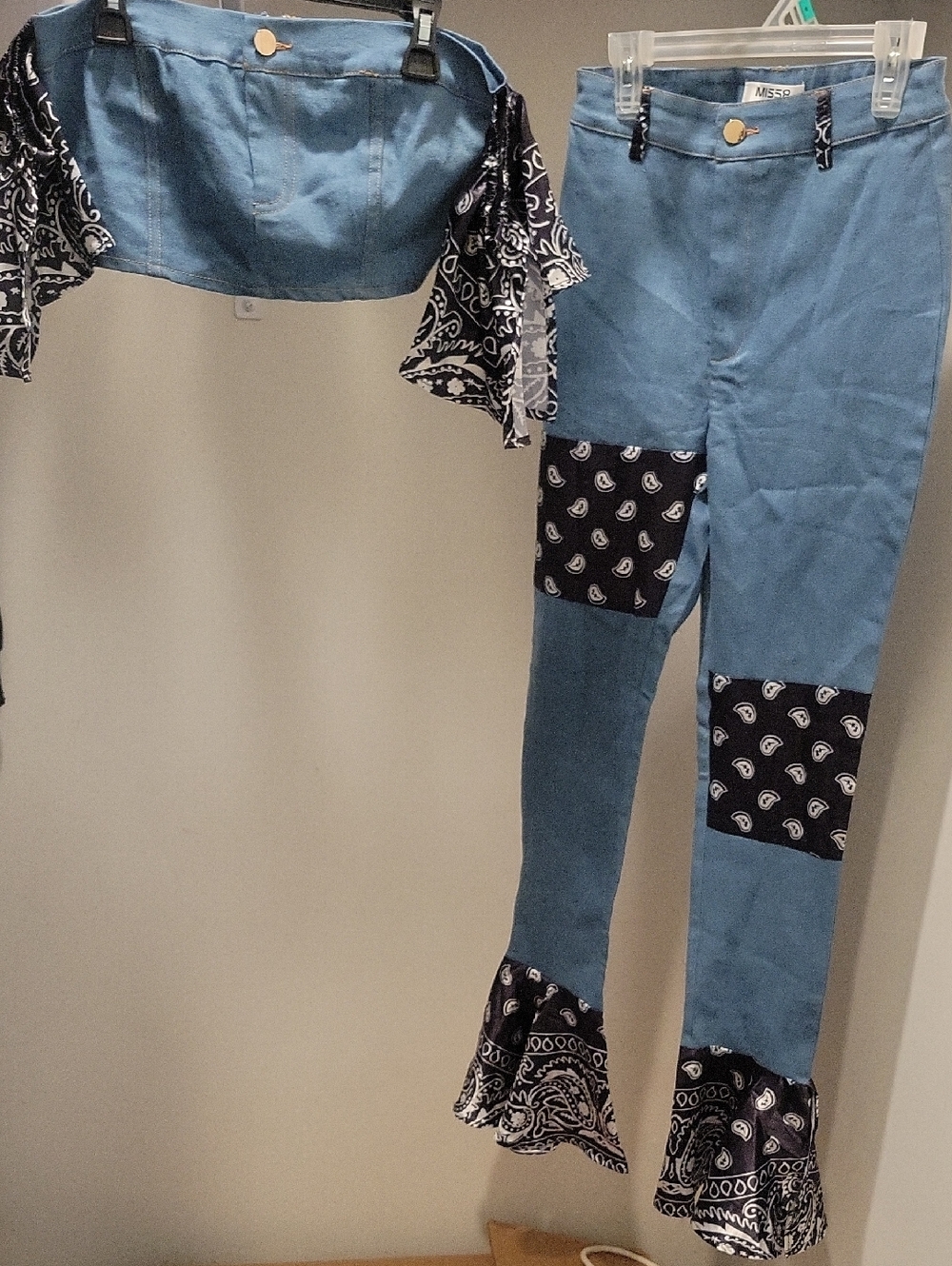 Blue Patchwork Bandana Crop Top With Flare Jeans! Sz. S!